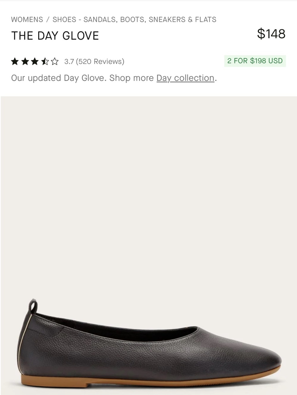 Everlane The Day Glove Leather Ballet Flat - Black with Tan Sole